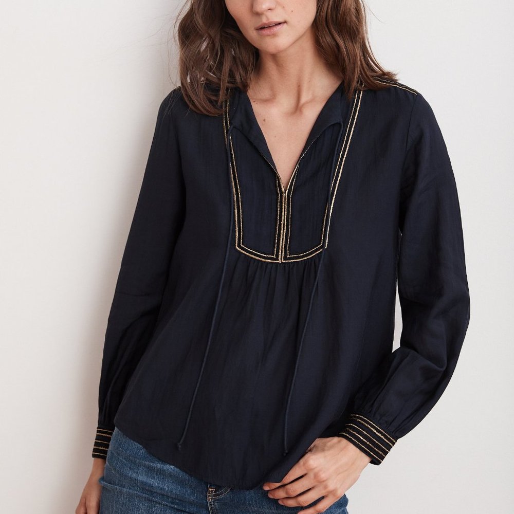 Velvet by Graham & Spencer Grace long sleeve navy boho blouse with gold trim